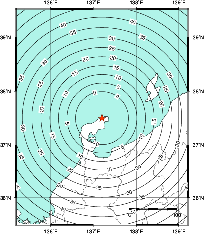 緊急地震速報第1報提供から主要動到達までの時間及び推計震度分布図