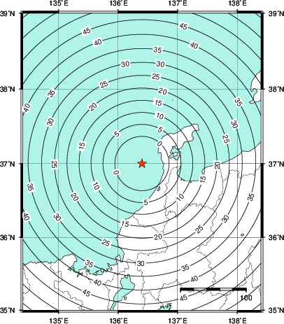 緊急地震速報第1報提供から主要動到達までの時間及び推計震度分布図