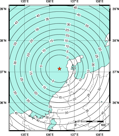 緊急地震速報第1報提供から主要動到達までの時間及び推計震度分布図