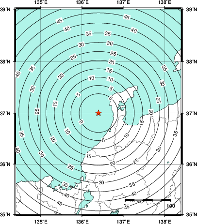 緊急地震速報第1報提供から主要動到達までの時間及び推計震度分布図