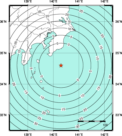 緊急地震速報第1報提供から主要動到達までの時間及び推計震度分布図