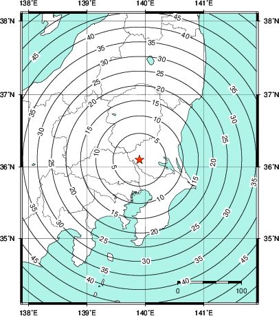 緊急地震速報第1報提供から主要動到達までの時間及び推計震度分布図