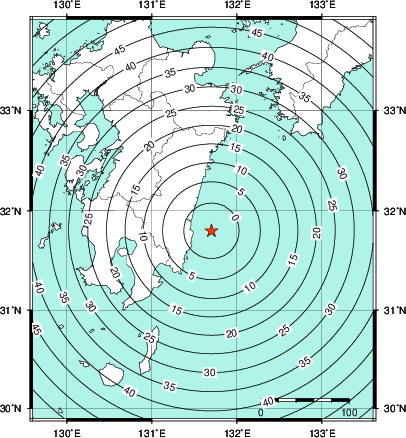 緊急地震速報第1報提供から主要動到達までの時間及び推計震度分布図