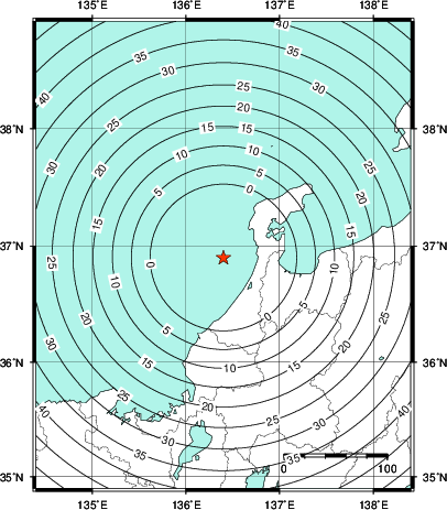 緊急地震速報第1報提供から主要動到達までの時間及び推計震度分布図