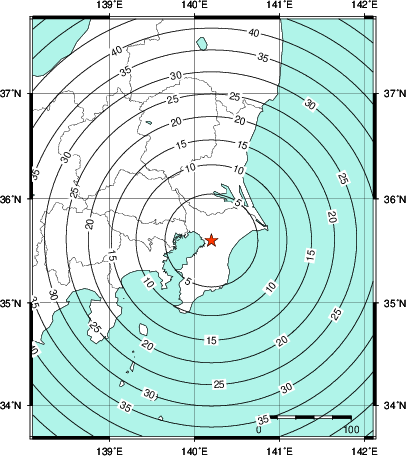 緊急地震速報第1報提供から主要動到達までの時間及び推計震度分布図