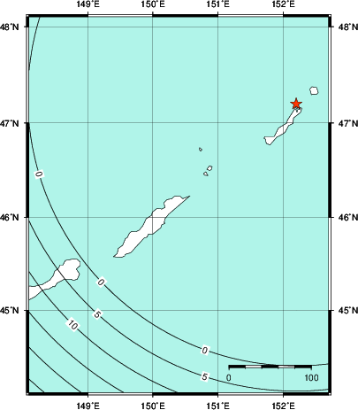 緊急地震速報第1報提供から主要動到達までの時間及び推計震度分布図