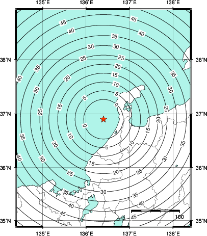 緊急地震速報第1報提供から主要動到達までの時間及び推計震度分布図