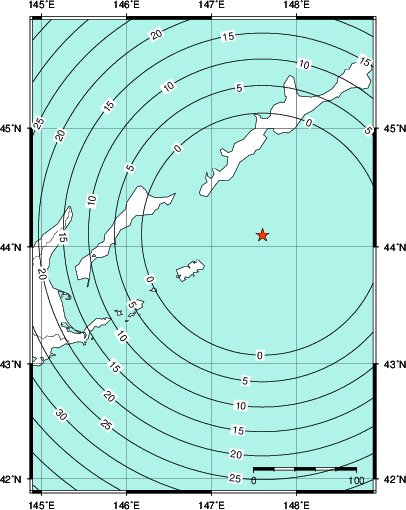 緊急地震速報第1報提供から主要動到達までの時間及び推計震度分布図