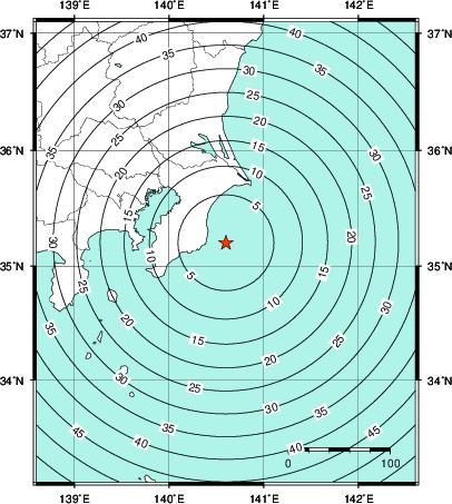 緊急地震速報第1報提供から主要動到達までの時間及び推計震度分布図