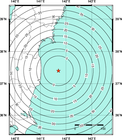 緊急地震速報第1報提供から主要動到達までの時間及び推計震度分布図