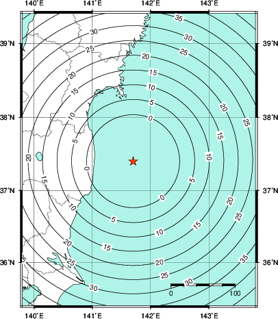 緊急地震速報第1報提供から主要動到達までの時間及び推計震度分布図