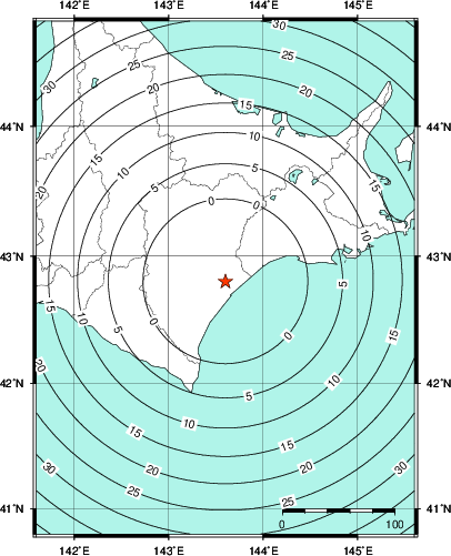 緊急地震速報第1報提供から主要動到達までの時間及び推計震度分布図