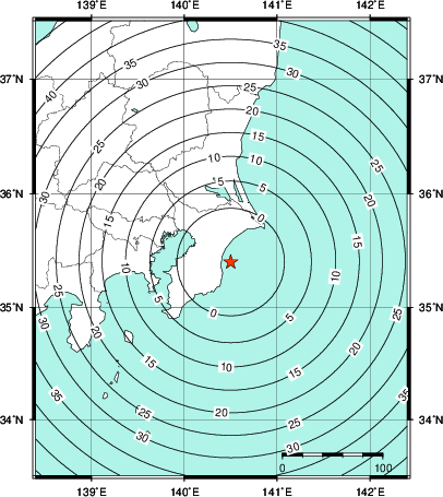 緊急地震速報第1報提供から主要動到達までの時間及び推計震度分布図