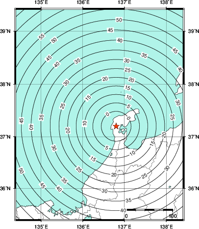 緊急地震速報第1報提供から主要動到達までの時間及び推計震度分布図