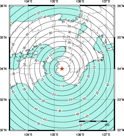 緊急地震速報第1報提供から主要動到達までの時間及び推計震度分布図