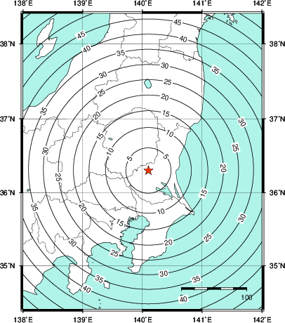 緊急地震速報第1報提供から主要動到達までの時間及び推計震度分布図