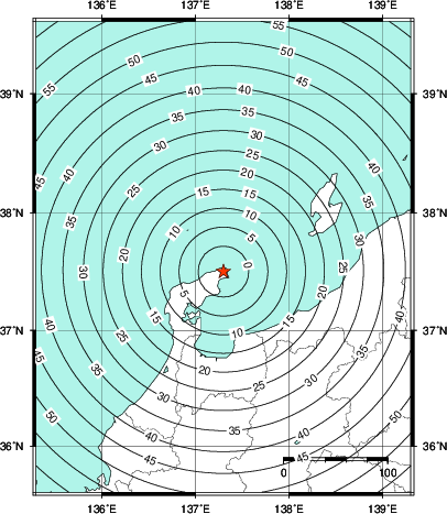 緊急地震速報第1報提供から主要動到達までの時間及び推計震度分布図