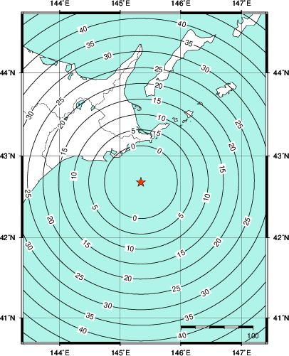 緊急地震速報第1報提供から主要動到達までの時間及び推計震度分布図