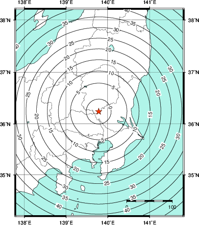 緊急地震速報第1報提供から主要動到達までの時間及び推計震度分布図