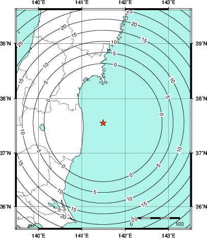 緊急地震速報第1報提供から主要動到達までの時間及び推計震度分布図