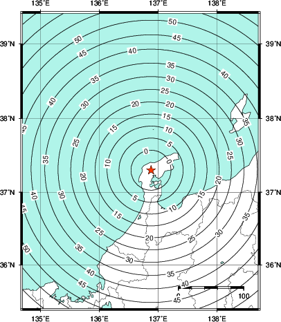 緊急地震速報第1報提供から主要動到達までの時間及び推計震度分布図