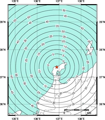 緊急地震速報第1報提供から主要動到達までの時間及び推計震度分布図