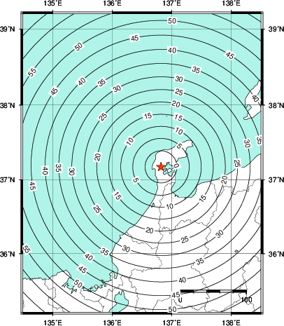 緊急地震速報第1報提供から主要動到達までの時間及び推計震度分布図