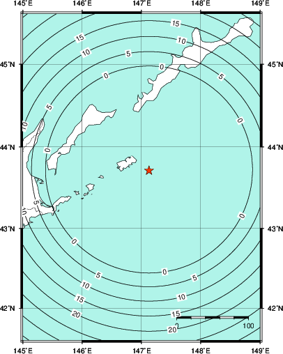 緊急地震速報第1報提供から主要動到達までの時間及び推計震度分布図