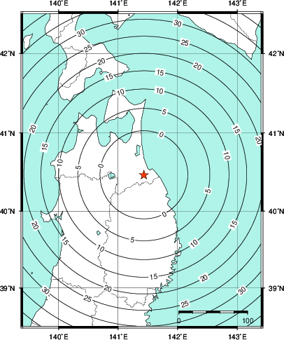 緊急地震速報第1報提供から主要動到達までの時間及び推計震度分布図