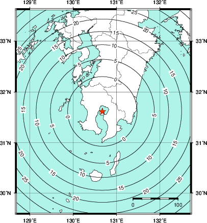 緊急地震速報第1報提供から主要動到達までの時間及び推計震度分布図