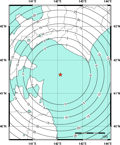 緊急地震速報第1報提供から主要動到達までの時間及び推計震度分布図