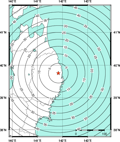 緊急地震速報第1報提供から主要動到達までの時間及び推計震度分布図