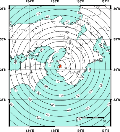 緊急地震速報第1報提供から主要動到達までの時間及び推計震度分布図