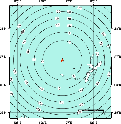 緊急地震速報第1報提供から主要動到達までの時間及び推計震度分布図