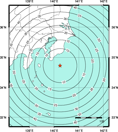 緊急地震速報第1報提供から主要動到達までの時間及び推計震度分布図