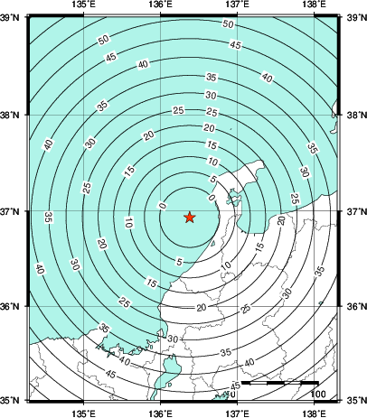 緊急地震速報第1報提供から主要動到達までの時間及び推計震度分布図