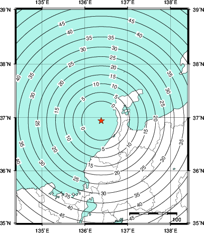 緊急地震速報第1報提供から主要動到達までの時間及び推計震度分布図