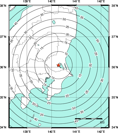 緊急地震速報第1報提供から主要動到達までの時間及び推計震度分布図