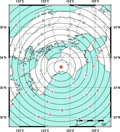 緊急地震速報第1報提供から主要動到達までの時間及び推計震度分布図