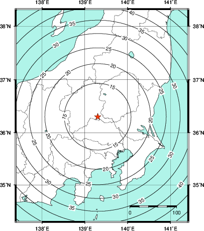 緊急地震速報第1報提供から主要動到達までの時間及び推計震度分布図