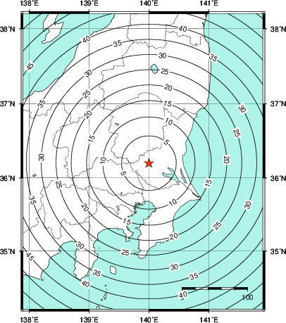 緊急地震速報第1報提供から主要動到達までの時間及び推計震度分布図