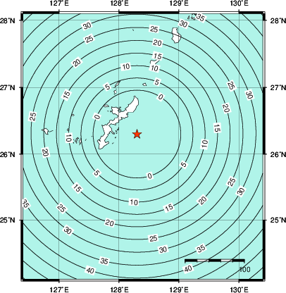 緊急地震速報第1報提供から主要動到達までの時間及び推計震度分布図