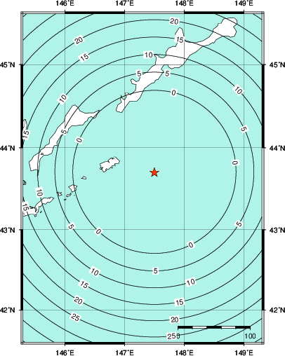 緊急地震速報第1報提供から主要動到達までの時間及び推計震度分布図