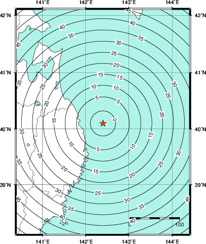 緊急地震速報第1報提供から主要動到達までの時間及び推計震度分布図