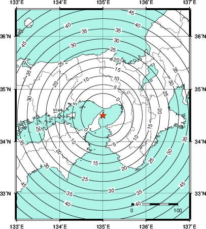 緊急地震速報第1報提供から主要動到達までの時間及び推計震度分布図