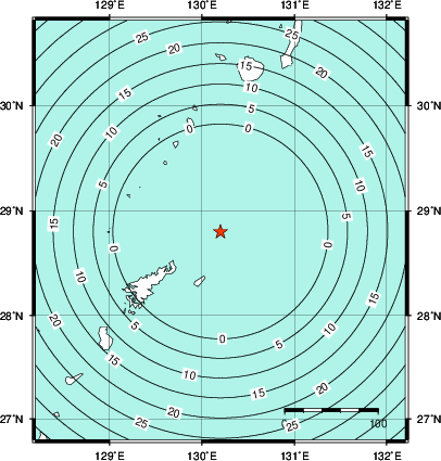 緊急地震速報第1報提供から主要動到達までの時間及び推計震度分布図