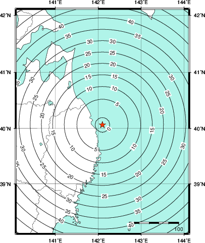 緊急地震速報第1報提供から主要動到達までの時間及び推計震度分布図