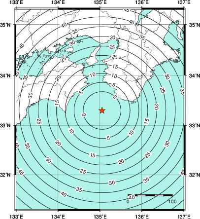 緊急地震速報第1報提供から主要動到達までの時間及び推計震度分布図