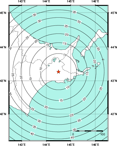 緊急地震速報第1報提供から主要動到達までの時間及び推計震度分布図