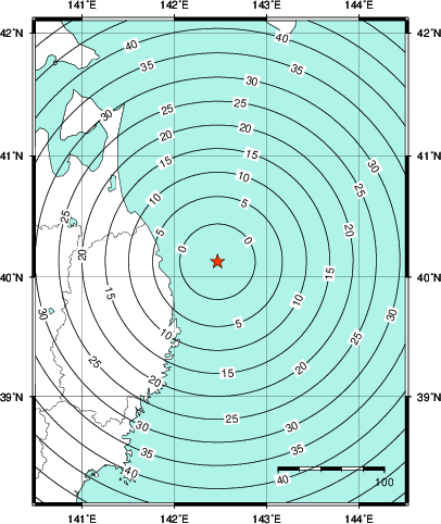 緊急地震速報第1報提供から主要動到達までの時間及び推計震度分布図